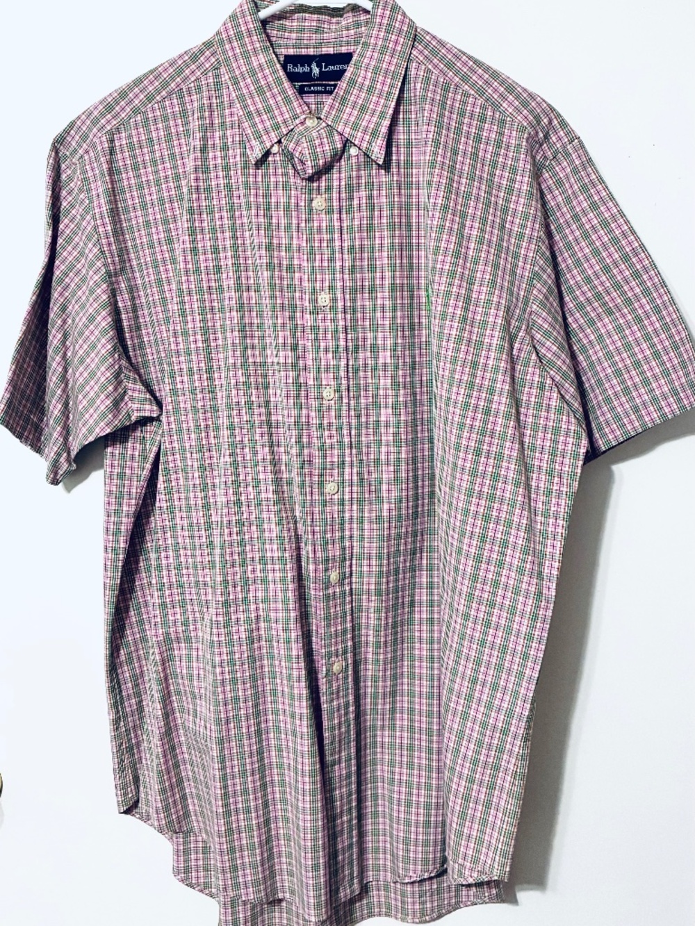 RALPH LAUREN MEN SH/SLEEVE COTT SHIRT PINK/GREEN BUTTONS PLAID SZ L CLASSIC FIT